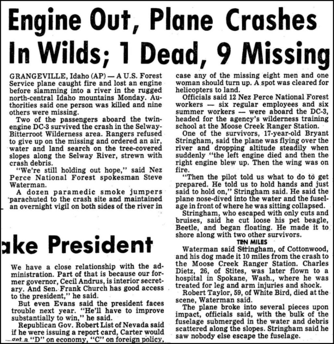 DC-3 N148Z Crashed up the Selway-Bitterroot Wilderness On June 11, 1979 FS DC-3 148Z crashed Ten men lost their lives including pilot Marvin "Whitey" Hachmeister and co-pilot John Slingerland